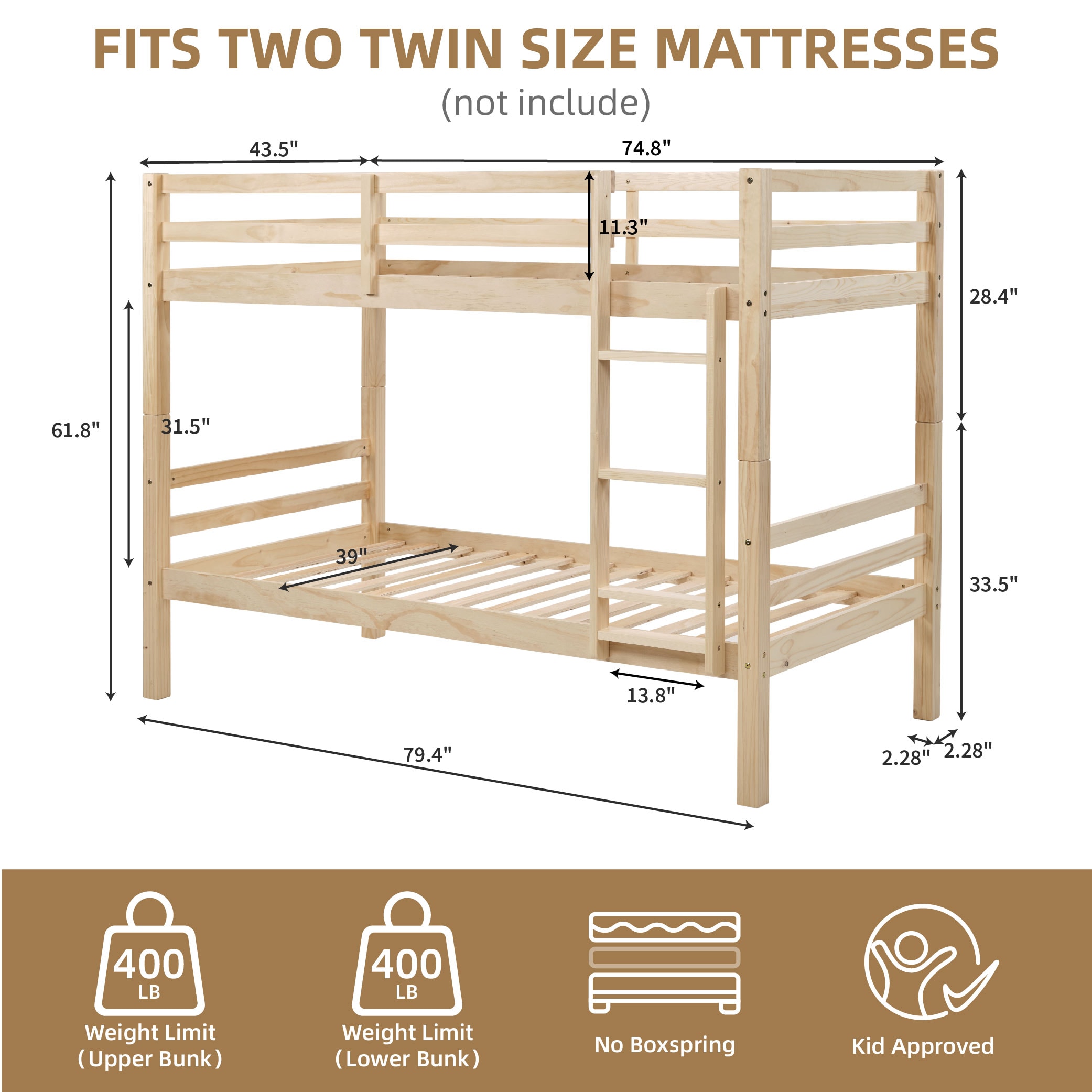 Twin Over Twin Bunk Bed With Thick Posts,Wooden Bunk Bed With High Guardrail And Ladder For Kids, Teens, Dorm Rooms, And Guest Rooms,No Box Spring Needed,Natural_voghion.com